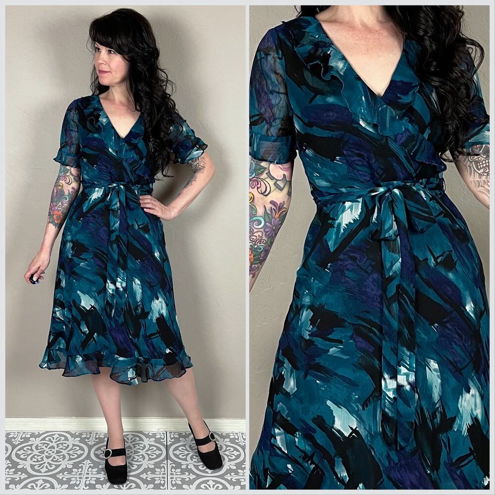 Vintage Y2K Abstract Print Chiffon Ruffle Faux Wrap Midi Dress Petite